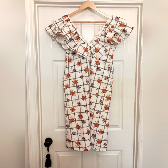 Zara Floral plaid ruffle Cap sleeves Orange Blue print flowers Size Large - Picture 6 of 11